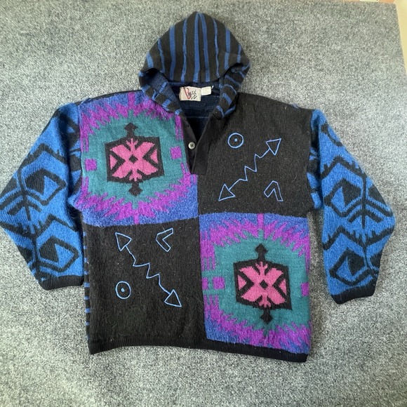 Vintage 90s B Max Mohair Blend Hoodie Sweater Aztec Southwest Geometric India M - Picture 3 of 10